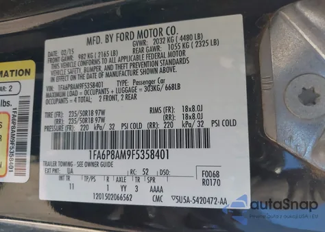 2015 Ford Mustang V6 z USA, uszkodzony, nr VIN 1FA6P8AM9F5358401